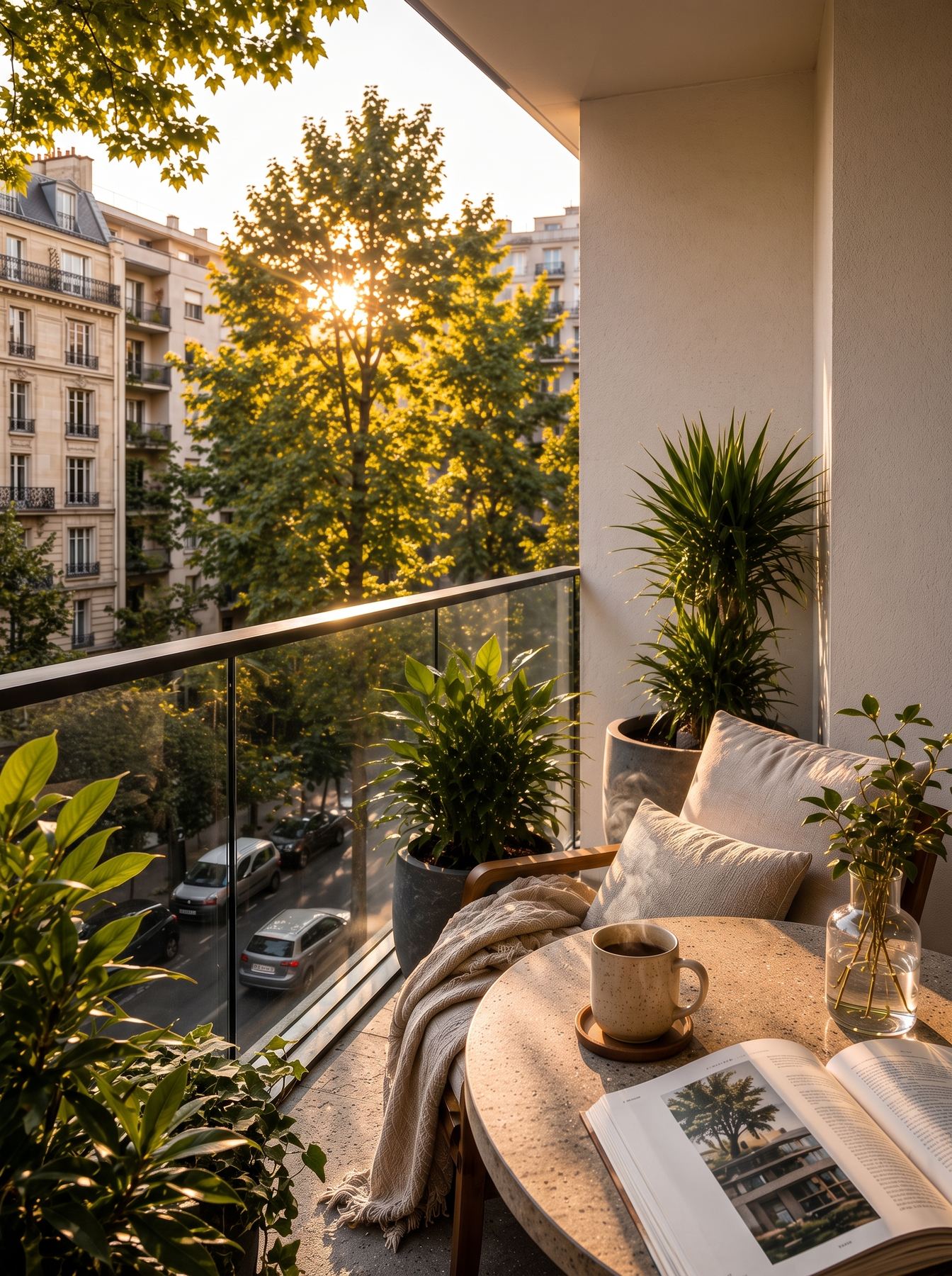Render de balcón con café, libro y plantas a contraluz, con los puntos que se intervienen en una imagen