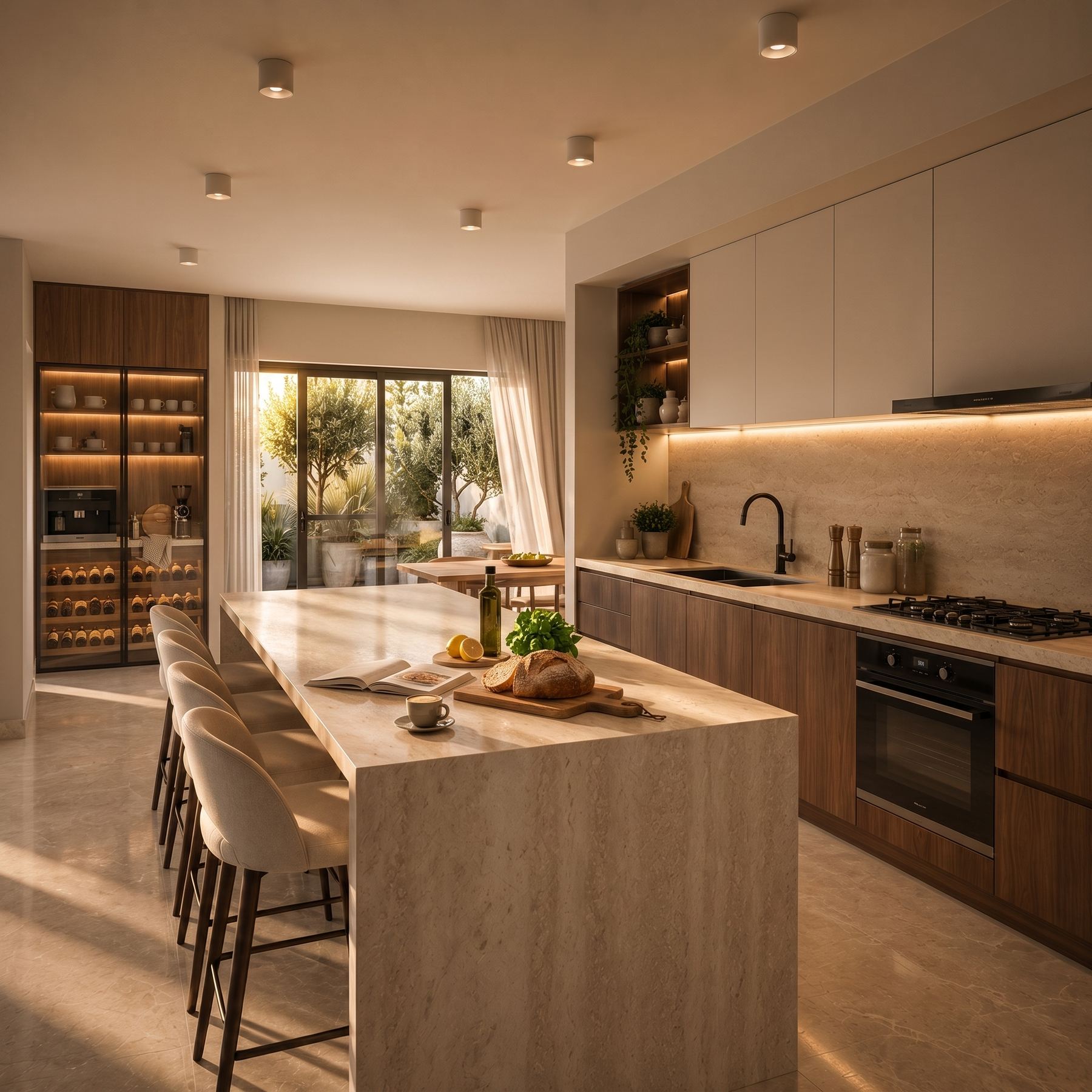 Render de cocina integrada con isla de piedra y luz de atardecer