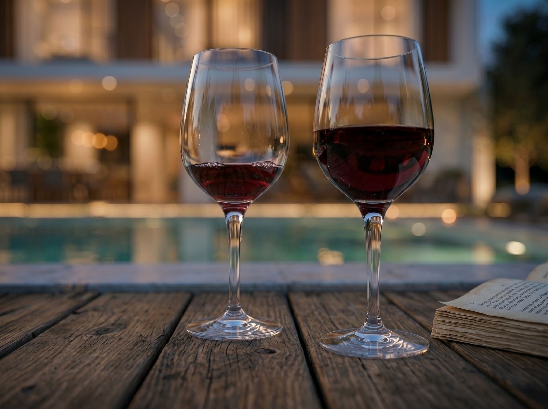 Render de dos copas de vino frente a una pileta iluminada