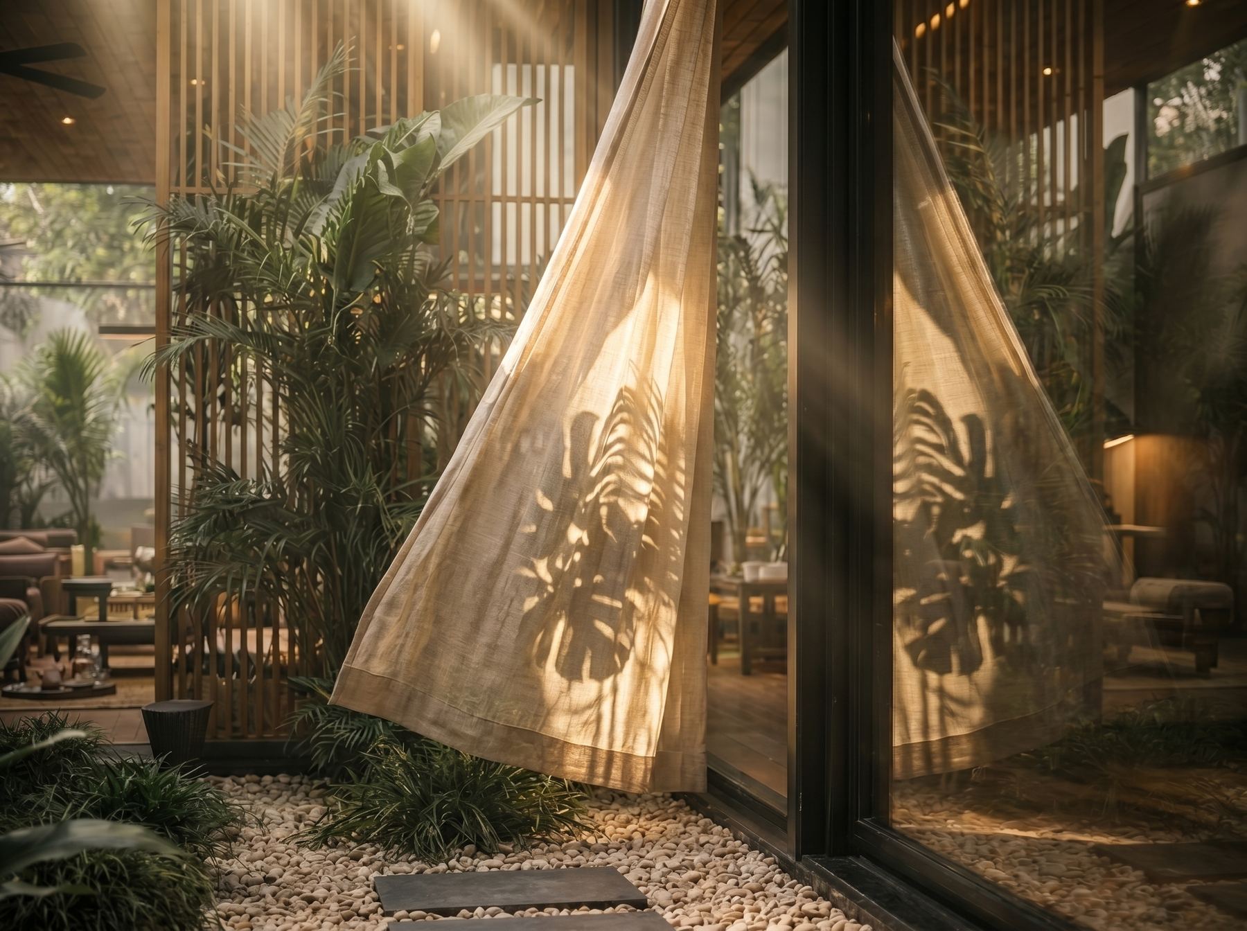 Render de cortina de lino con sombra de hojas y luz de tarde