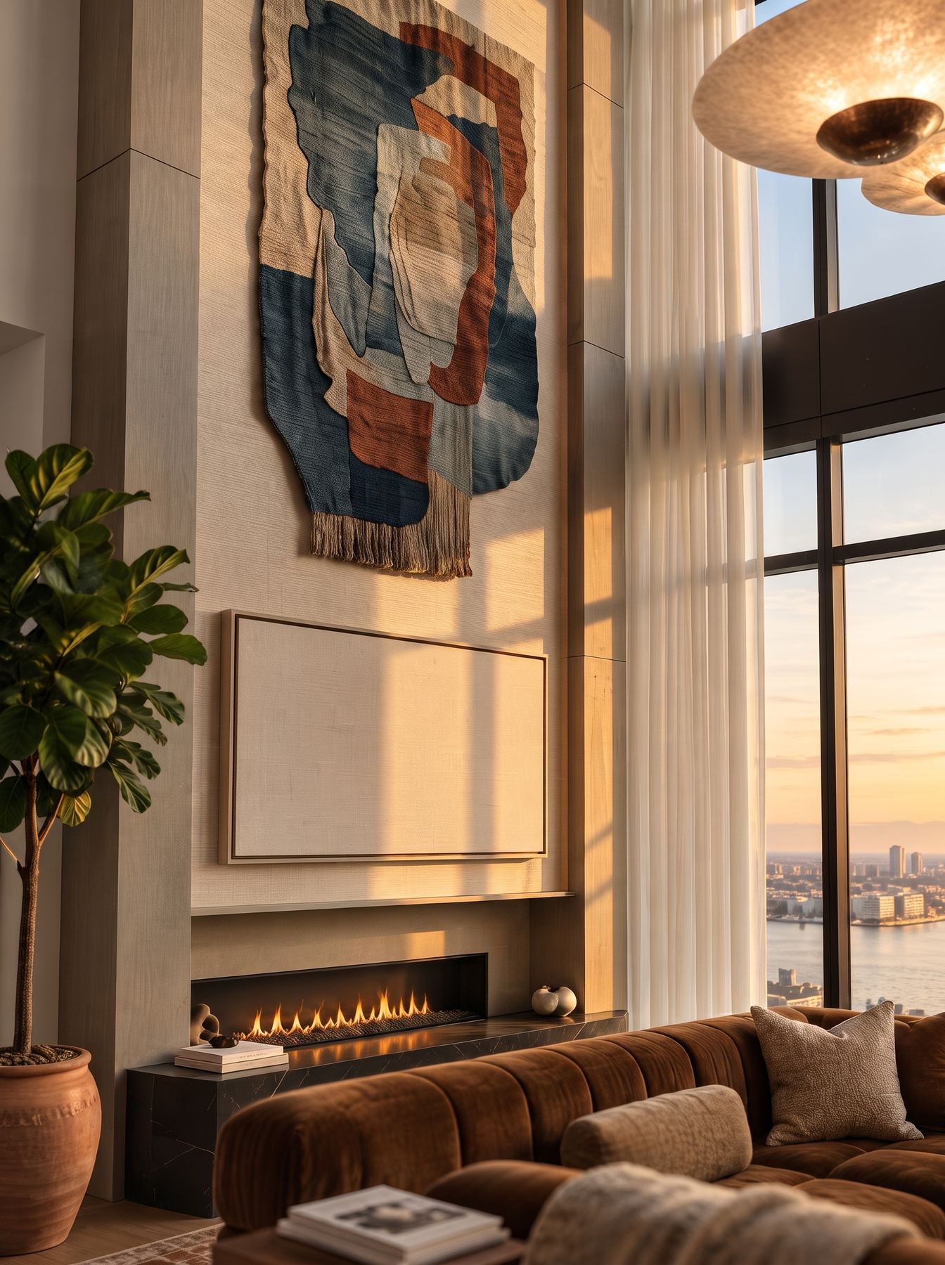 Render de detalle de hogar a leña, tapiz y luz de atardecer