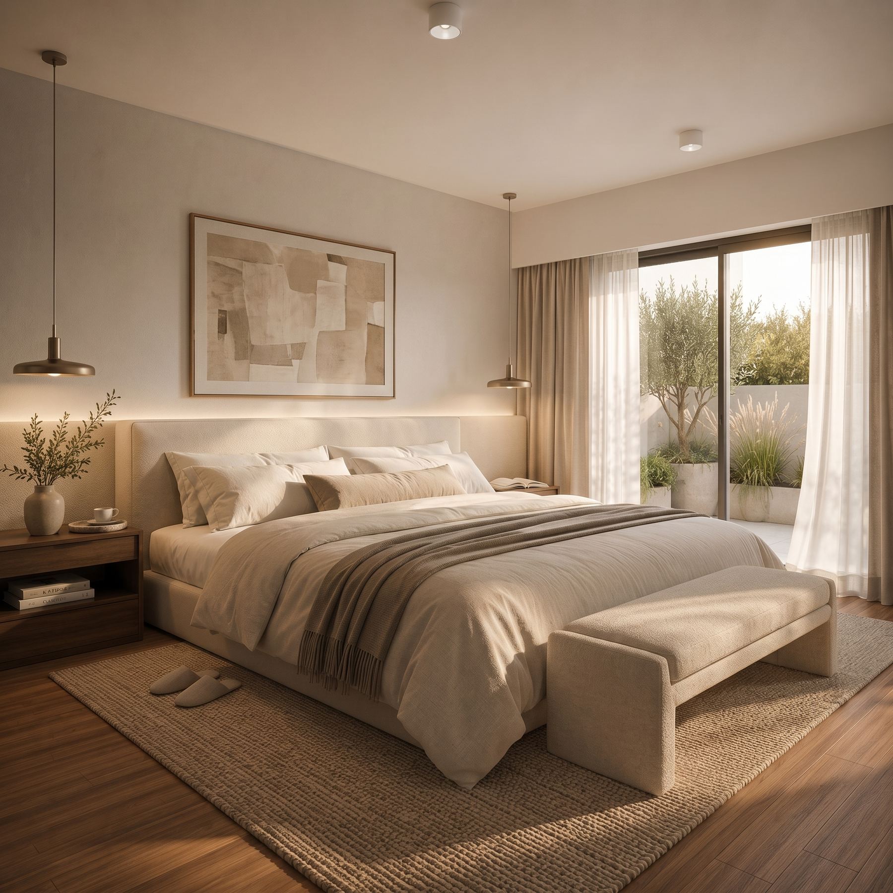 Render de dormitorio principal con luz cálida y salida a un patio