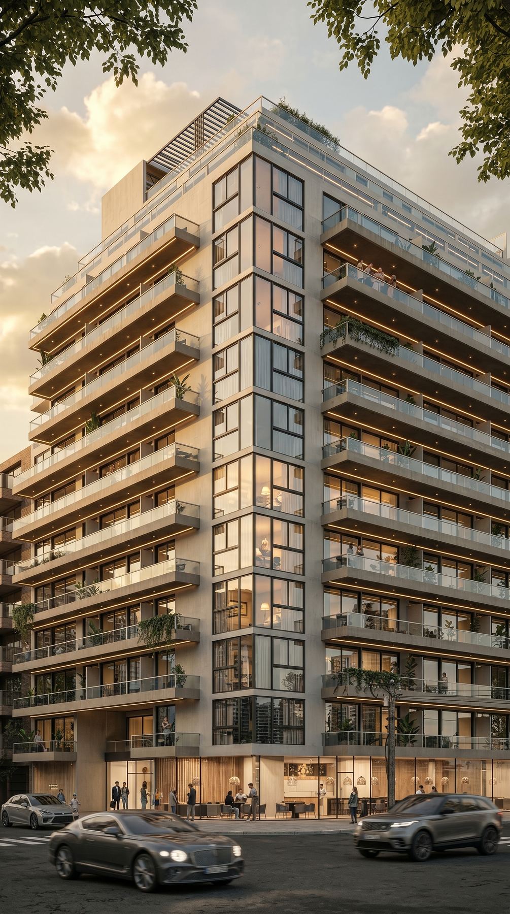 Render exterior de edificio residencial en esquina al atardecer