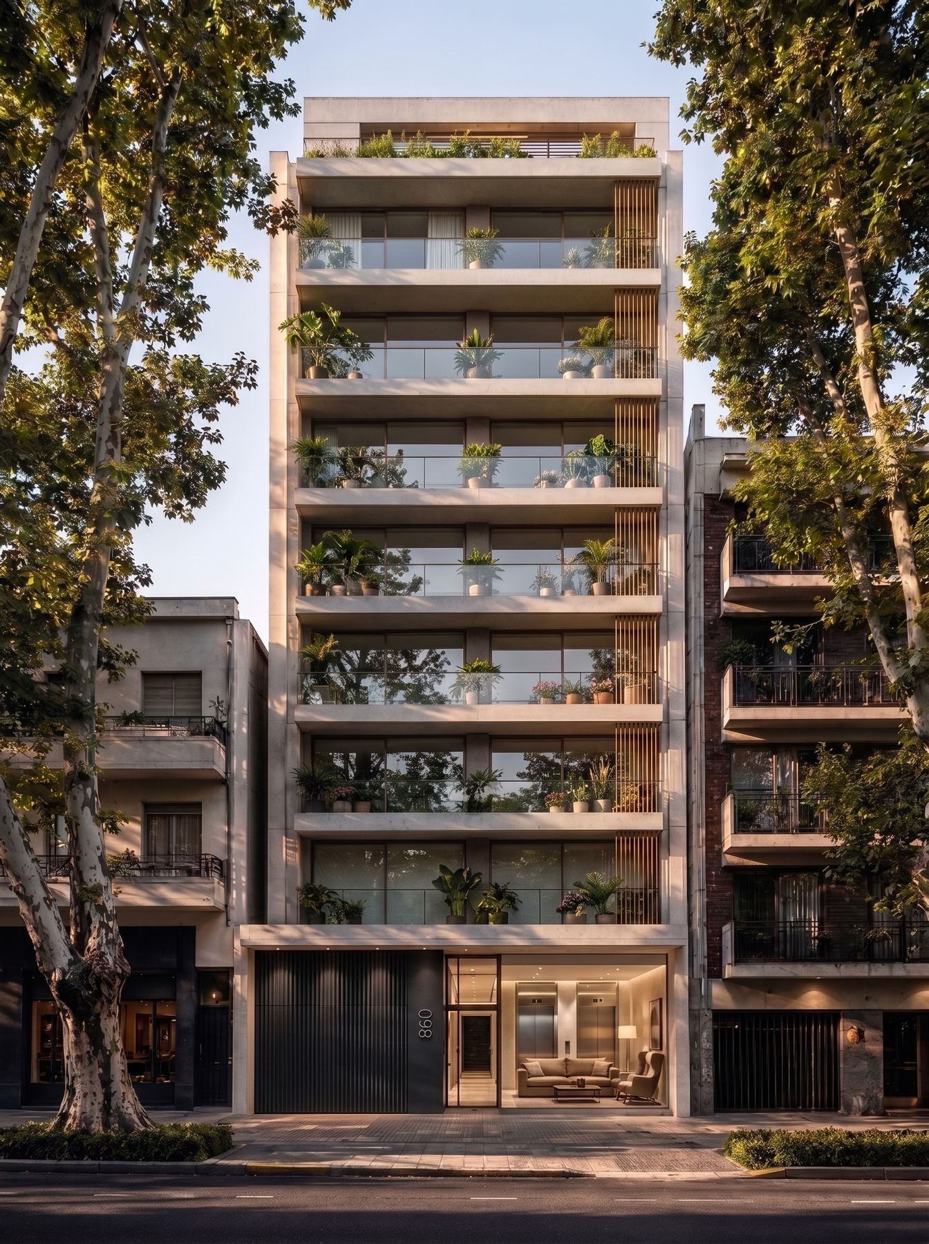 Render de fachada de edificio de viviendas con balcones verdes