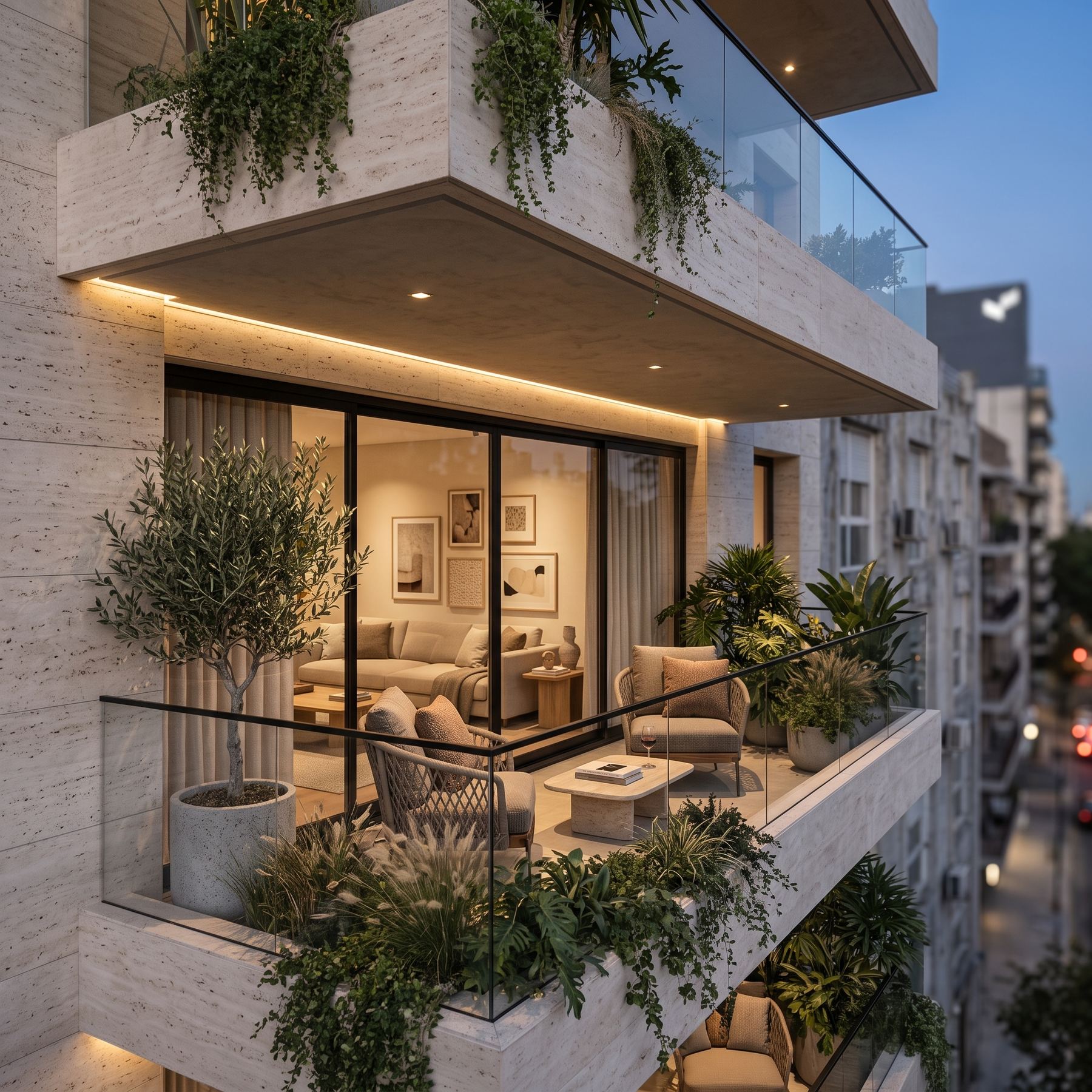 Render de fachada con balcón de travertino, vegetación e iluminación nocturna