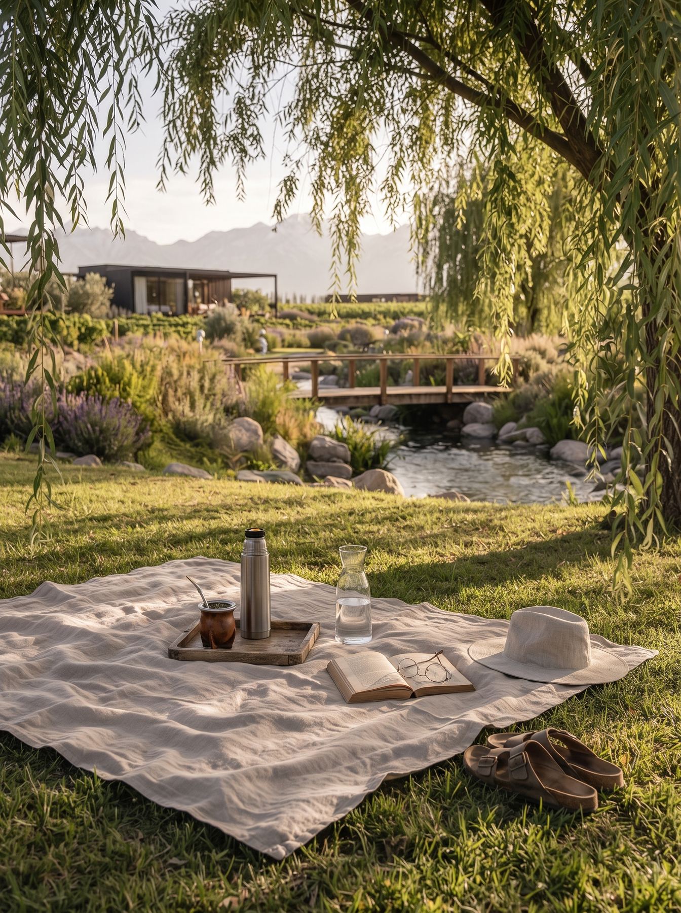 Render de hospitality: picnic con mate bajo un sauce junto a un arroyo