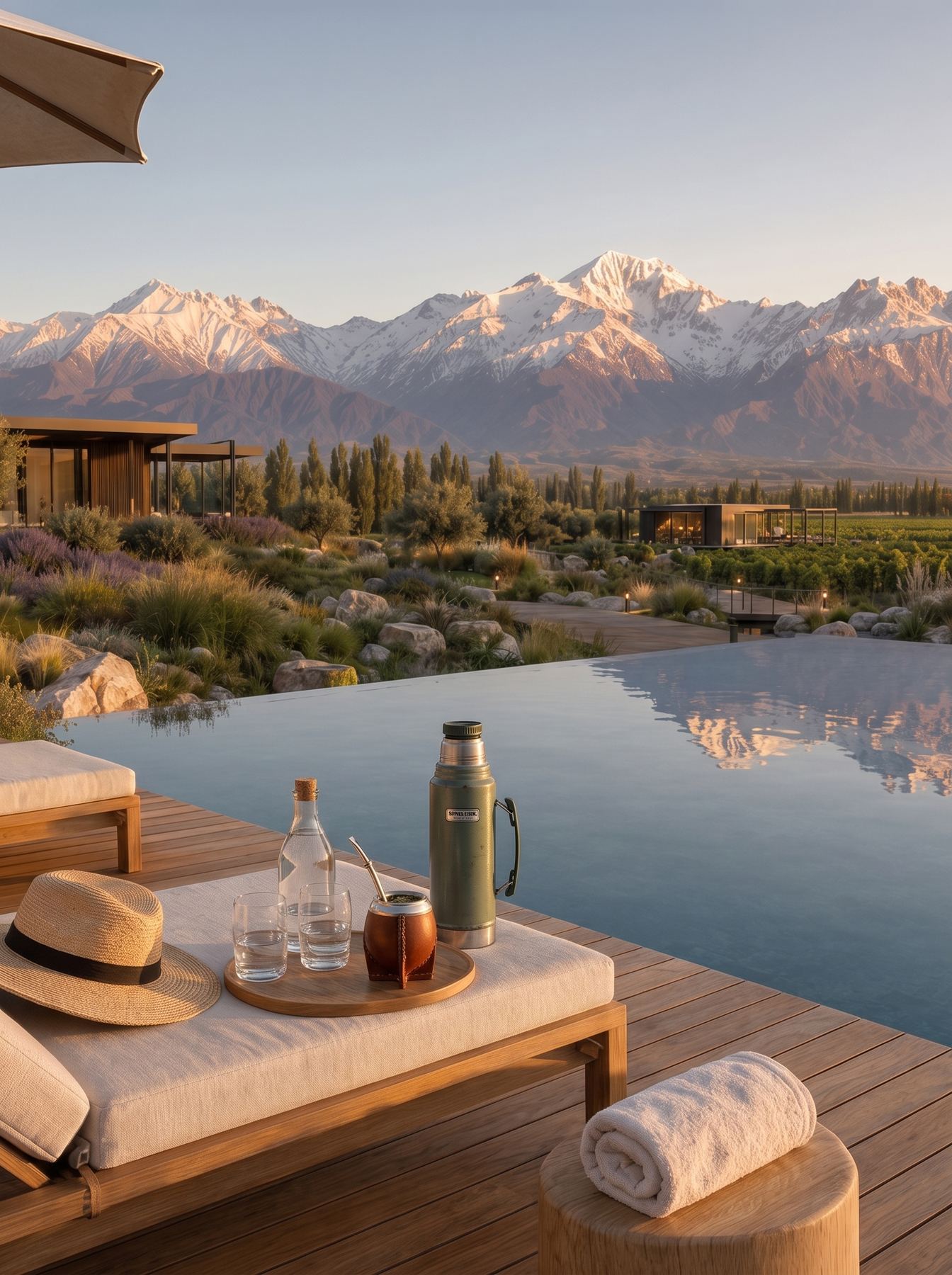 Render de pileta infinita con mate y vista a la cordillera nevada
