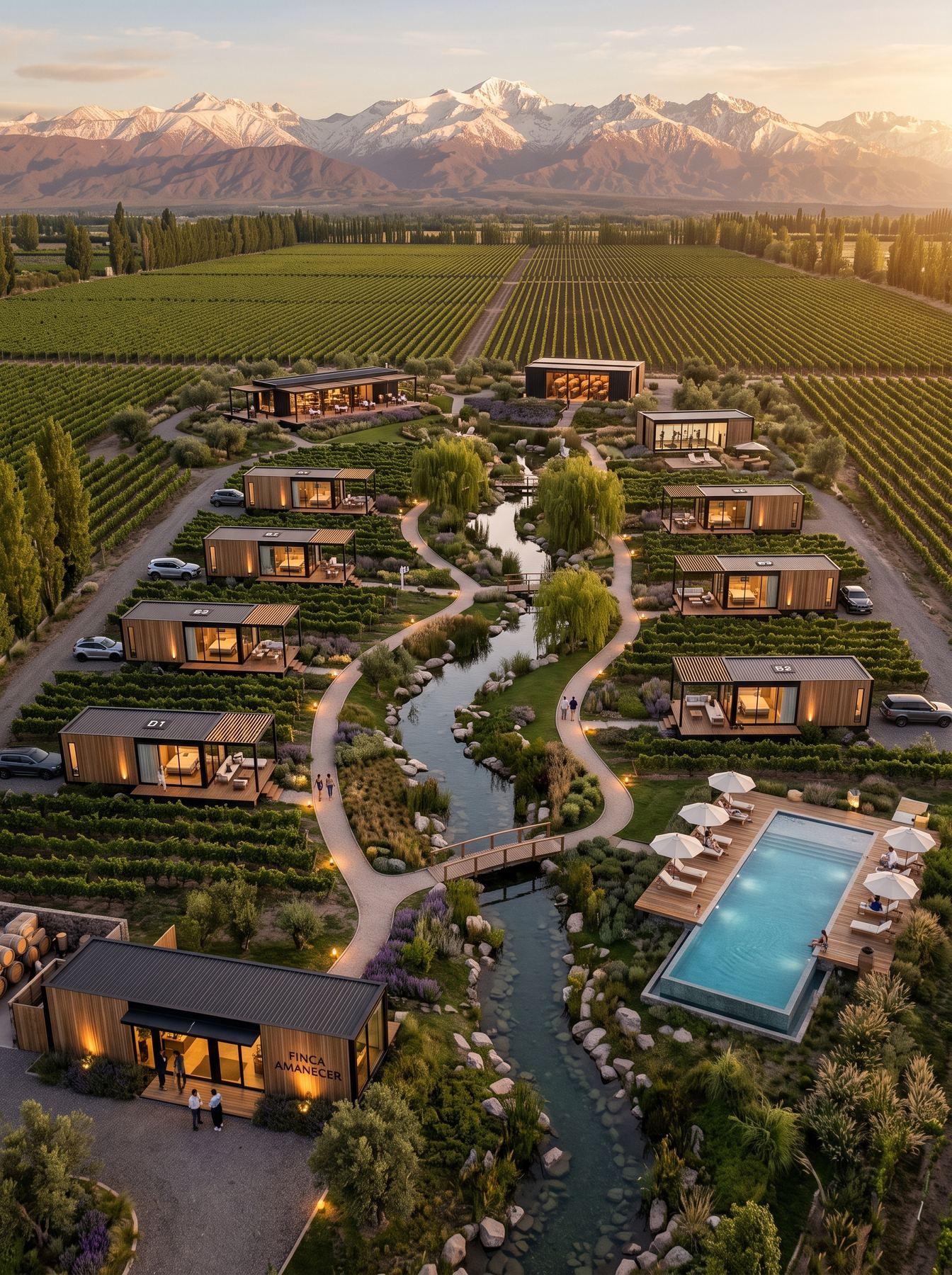 Render aéreo de hotel boutique con cabañas entre viñedos y cordillera