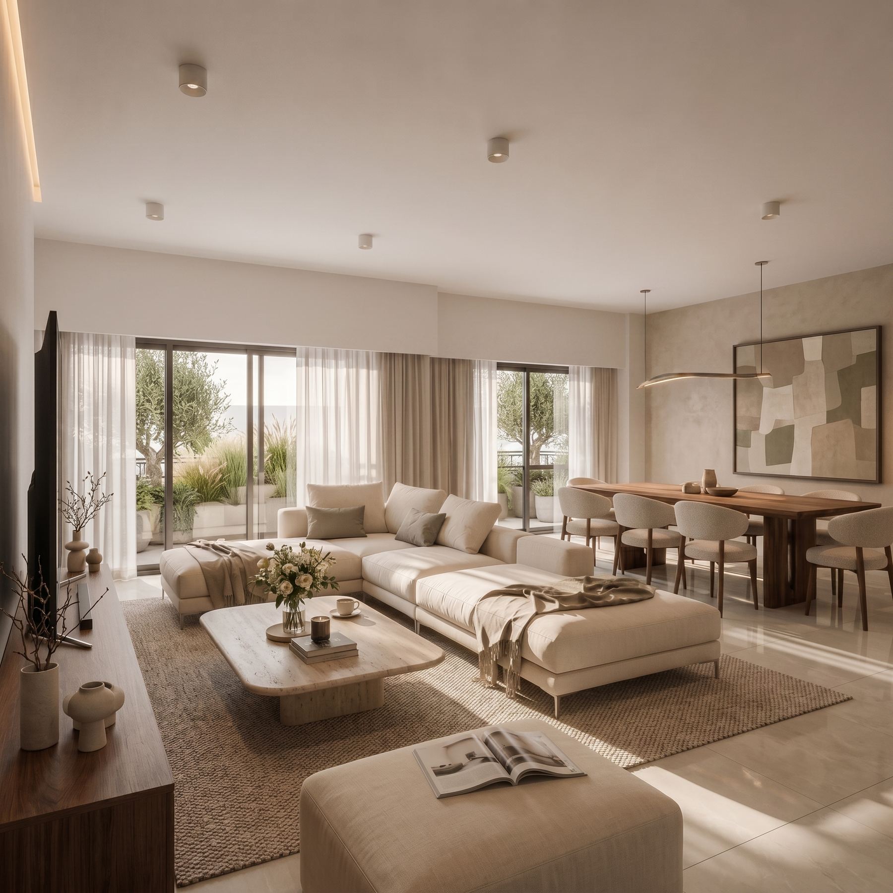 Render de interiores: living y comedor con luz natural