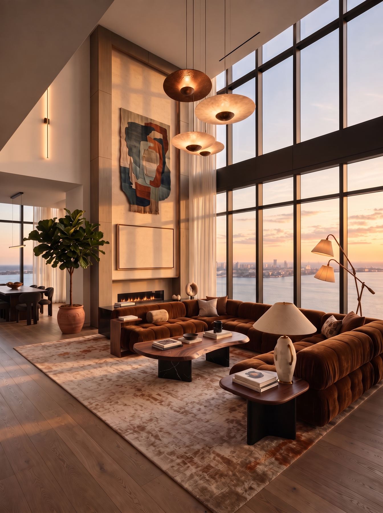 Render de living de doble altura con ventanales al atardecer