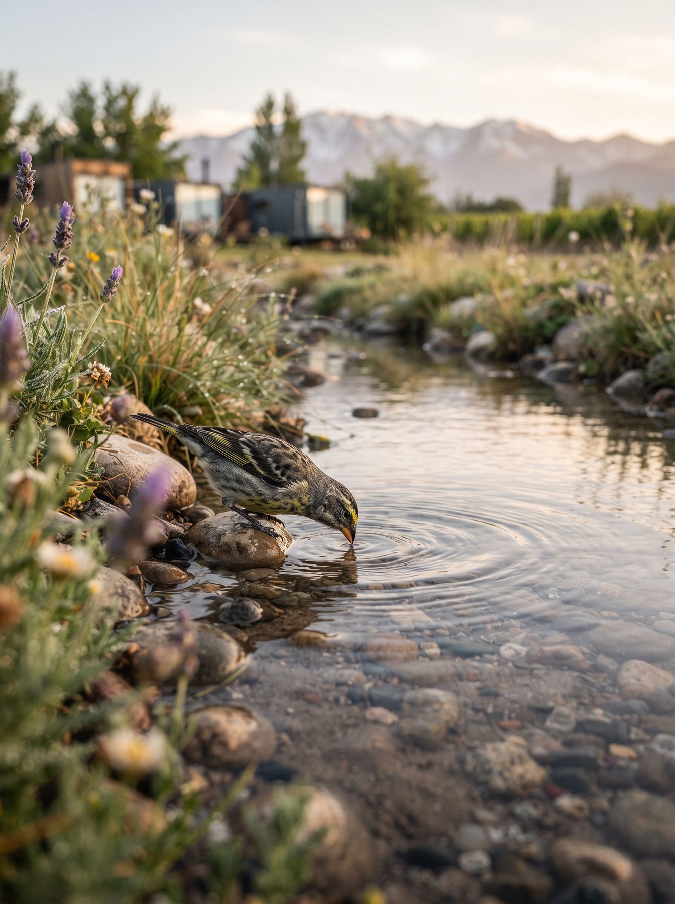 Render de un pájaro tomando agua en un arroyo con montañas de fondo