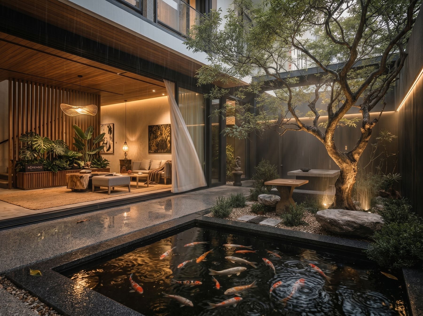 Render de patio con estanque de peces koi, árbol iluminado y living abierto