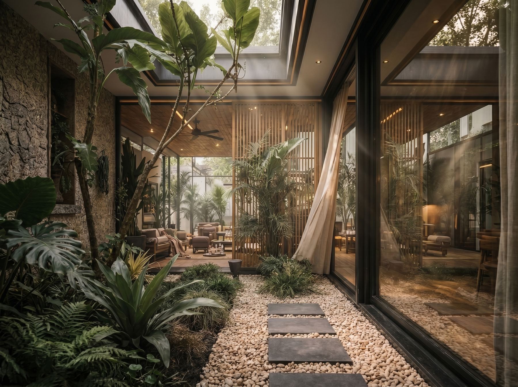 Render de patio interior con vegetación, piedras y luz cenital