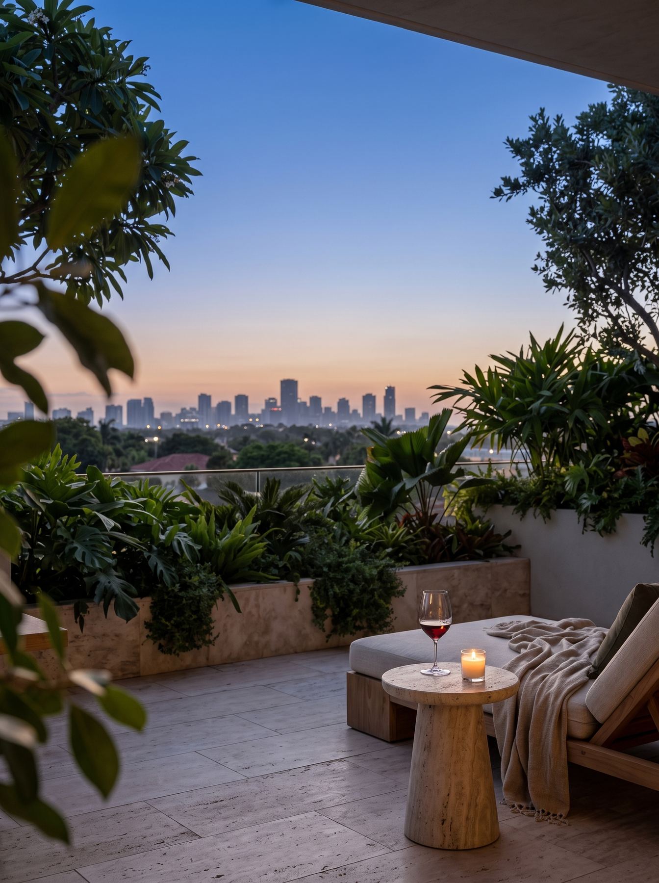 Render de terraza al anochecer con copa de vino, vela y skyline