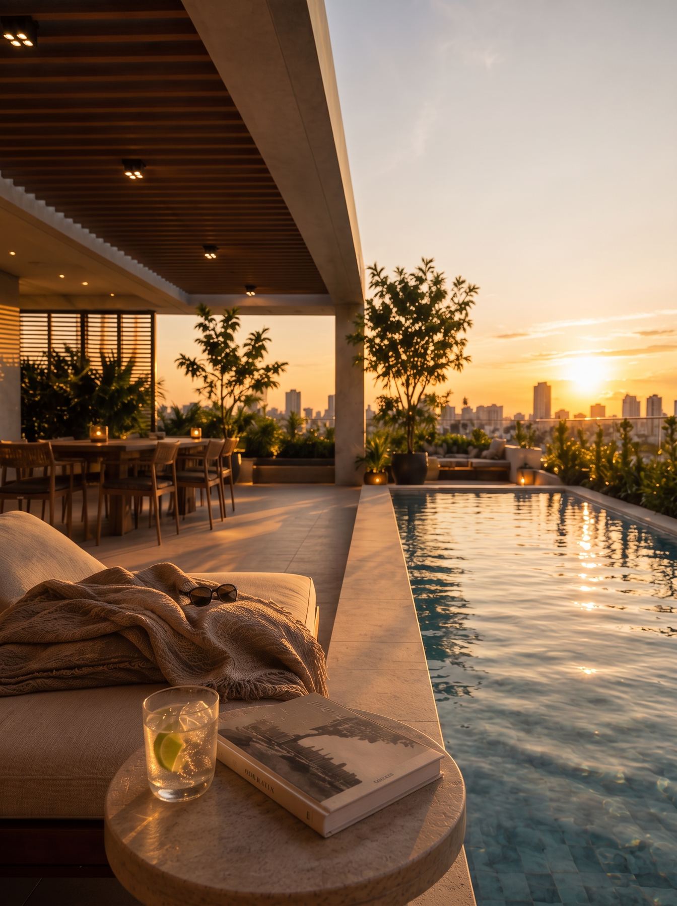 Render de terraza con pileta, libro y bebida al atardecer, pensado para preventa
