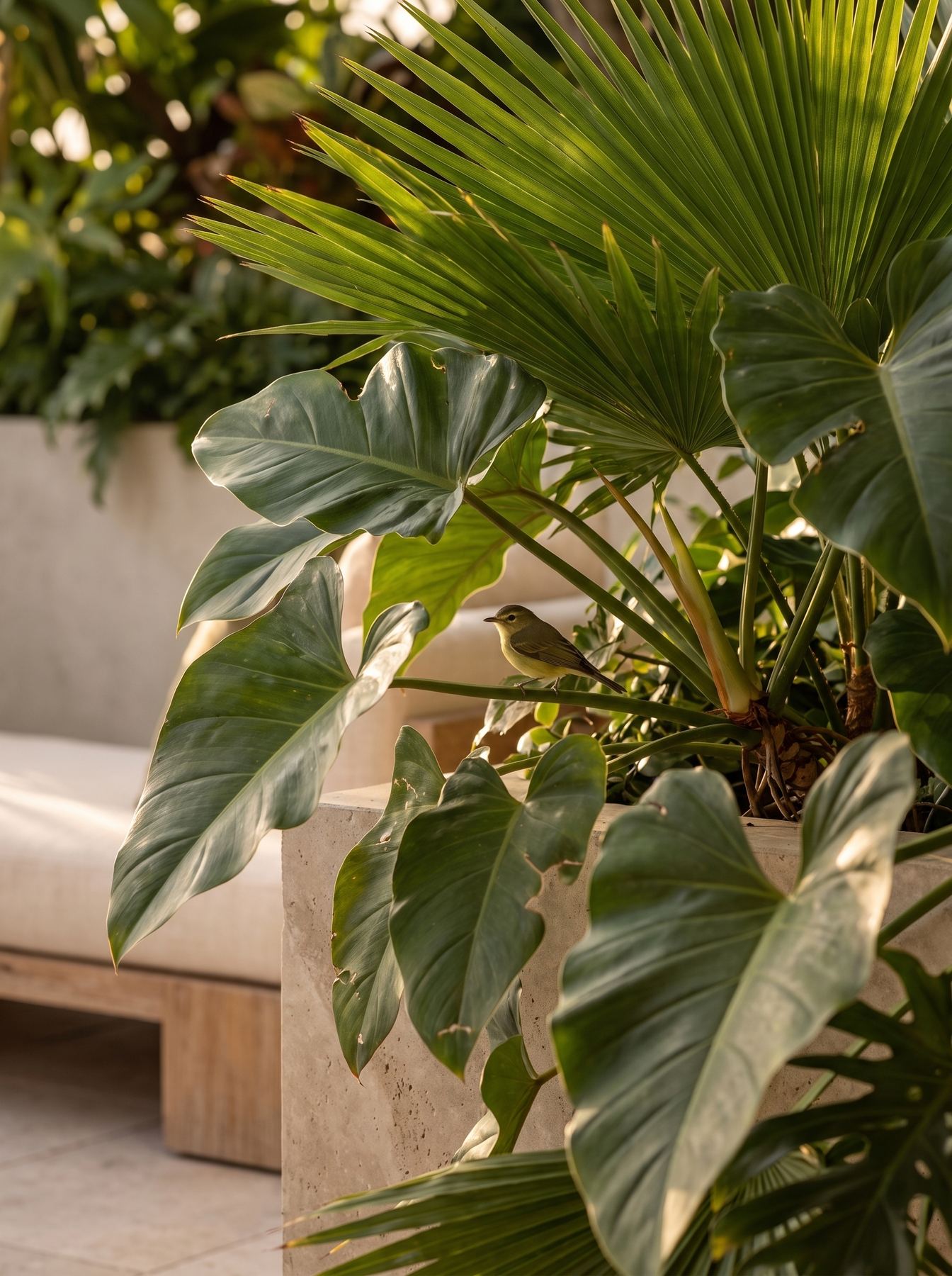 Render de vegetación tropical con un pájaro posado entre las hojas